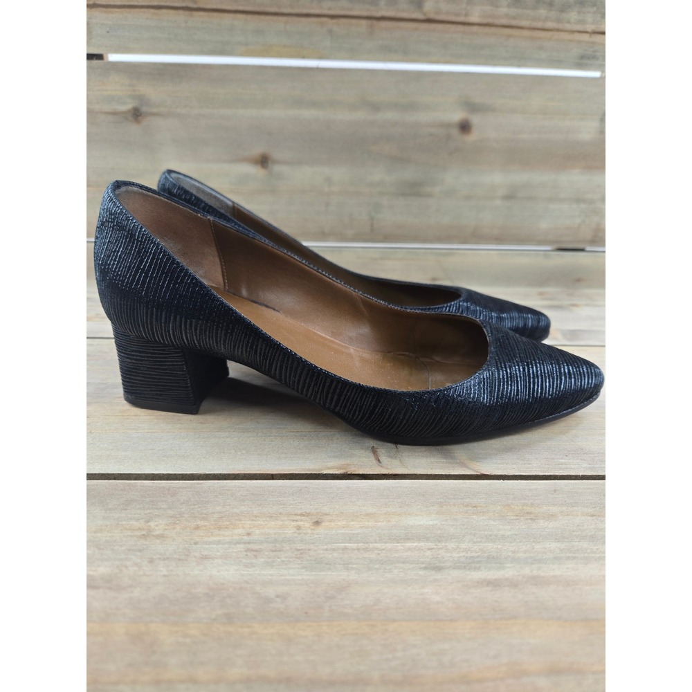Aquatalia Pasha Black Textured Leather Pointed Toe Block Heel Pump Italy 7